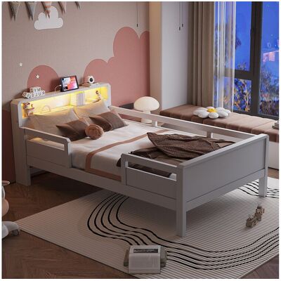 Merax Kinderbed van hout - 90 x 200 cm - met USB + LED's - hoofdeinde met opbergruimte - hout - wit - Wit Merax Kinderbed van hout - 90 x 200 cm - met USB + LED's - hoofdeinde met opbergruimte - hout - wit - Wit