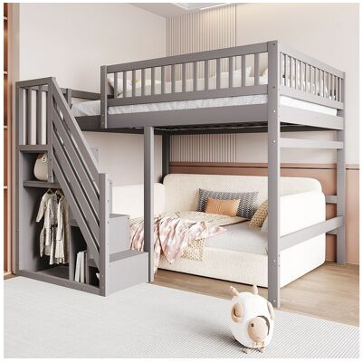 Merax Kinderhoogslaper - 140 x 200 cm - trap met opbergruimte - hout - grijs - Grijs Merax Kinderhoogslaper - 140 x 200 cm - trap met opbergruimte - hout - grijs - Grijs
