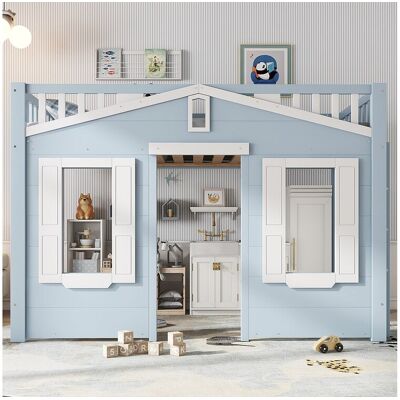 Merax Kinderhoogslaper - 90 x 200 cm - mooi raamdesign + stabiele ladder - grenen + MDF + multiplex - blauw - Blauw Merax Kinderhoogslaper - 90 x 200 cm - mooi raamdesign + stabiele ladder - grenen + MDF + multiplex - blauw - Blauw