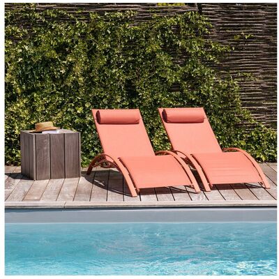 Happy Garden Set van 2 GALAPAGOS ligstoelen in textilene terracotta - aluminium terracotta - Oranje Happy Garden Set van 2 GALAPAGOS ligstoelen in textilene terracotta - aluminium terracotta - Oranje