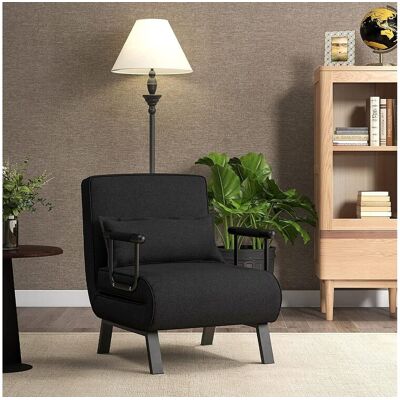 Costway Converteerbare eenpersoonsbedfauteuil, 4-in-1 woonkamerfauteuil, in 6 standen verstelbare rugleuning met kussen, kussen, gewatteerde zitting, armleuningen, metalen frame, opklapbare slaapbank, zwart - Zwart Costway Converteerbare eenpersoonsbedfauteuil, 4-in-1 woonkamerfauteuil, in 6 standen verstelbare rugleuning met kussen, kussen, gewatteerde zitting, armleuningen, metalen frame, opklapbare slaapbank, zwart - Zwart