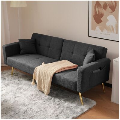 Merax 2-zits slaapbank in Sherpa-stof - 175 x 64 x 72 cm - Goudkleurige metalen poten - Grijs - Grijs Merax 2-zits slaapbank in Sherpa-stof - 175 x 64 x 72 cm - Goudkleurige metalen poten - Grijs - Grijs
