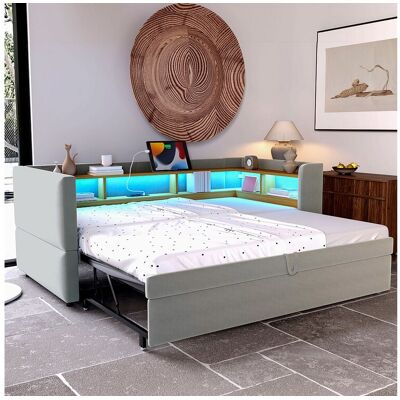 Merax Slaapbank met uitschuifbare bank - 2 x 90 x 190 cm - Opbergruimte + LED's + oplaadpunten - Massief hout - Lichtgrijs - Lichtgrijs Merax Slaapbank met uitschuifbare bank - 2 x 90 x 190 cm - Opbergruimte + LED's + oplaadpunten - Massief hout - Lichtgrijs - Lichtgrijs