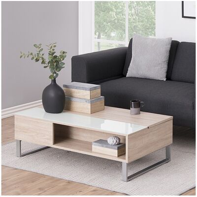 SELSEY Salontafel - 110x60 cm - opklapbaar met gehard glazen element - Sonoma eiken - KOSTRENA - Natuurlijk licht SELSEY Salontafel - 110x60 cm - opklapbaar met gehard glazen element - Sonoma eiken - KOSTRENA - Natuurlijk licht