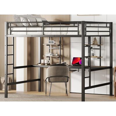 Merax Mezzaninebed 140 x 200 cm - bureau en planken - metaal - zwart - Zwart Merax Mezzaninebed 140 x 200 cm - bureau en planken - metaal - zwart - Zwart