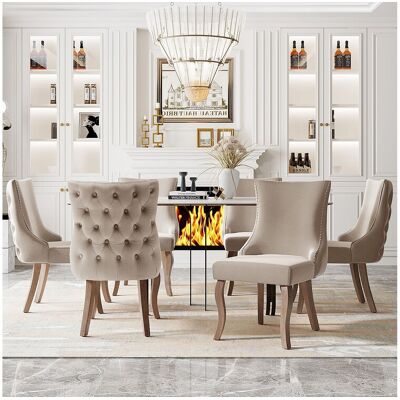 Merax Set van 6 eetkamerstoelen - fluweel en massief hout - ruitpatroon met hoge rugleuning - beige - Beige Merax Set van 6 eetkamerstoelen - fluweel en massief hout - ruitpatroon met hoge rugleuning - beige - Beige
