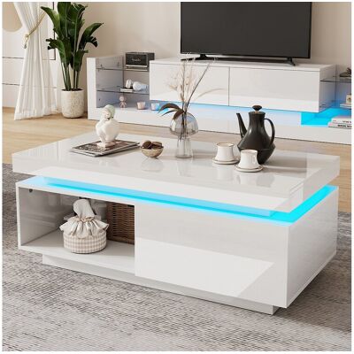 Merax TV-kastset: 181 x 38 x 38 cm + salontafel: 100 x 50 x 40 cm - LED's - Spaanplaat - Glanzend wit - Wit Merax TV-kastset: 181 x 38 x 38 cm + salontafel: 100 x 50 x 40 cm - LED's - Spaanplaat - Glanzend wit - Wit