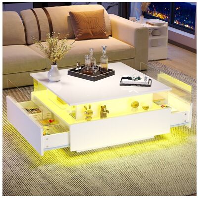 Merax Moderne salontafel met 2 lades en transparante ruimte - 70 x 70 x 41 cm - LED's - Spaanplaat - Glanzend wit - Wit Merax Moderne salontafel met 2 lades en transparante ruimte - 70 x 70 x 41 cm - LED's - Spaanplaat - Glanzend wit - Wit