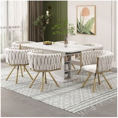 Merax Set van 6 draaibare eetkamerstoelen met armleuningen - 59 x 54 x 72 cm - Fluweel - Beige + Goud - Beige Merax Set van 6 draaibare eetkamerstoelen met armleuningen - 59 x 54 x 72 cm - Fluweel - Beige + Goud - Beige