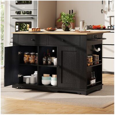 Merax Mobiel keukeneiland met 2 deuren, 2 lades en zijplanken - Uitschuifbaar blad - 151,5x59,7(84,7)x91,7cm - MDF - Zwart - Zwart Merax Mobiel keukeneiland met 2 deuren, 2 lades en zijplanken - Uitschuifbaar blad - 151,5x59,7(84,7)x91,7cm - MDF - Zwart - Zwart