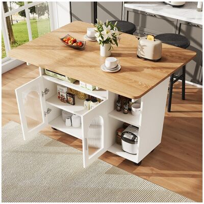 Merax Mobiel kookeiland met 2 deuren en open planken - Uitschuifbaar blad - 120x30(70)x79,5cm - MDF hout - Wit en naturel - Wit Merax Mobiel kookeiland met 2 deuren en open planken - Uitschuifbaar blad - 120x30(70)x79,5cm - MDF hout - Wit en naturel - Wit