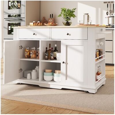 Merax Mobiel kookeiland met 2 deuren, 2 lades en zijplanken - Uitschuifbaar blad - 151,5x59,7(84,7)x91,7cm - MDF - Wit - Wit Merax Mobiel kookeiland met 2 deuren, 2 lades en zijplanken - Uitschuifbaar blad - 151,5x59,7(84,7)x91,7cm - MDF - Wit - Wit