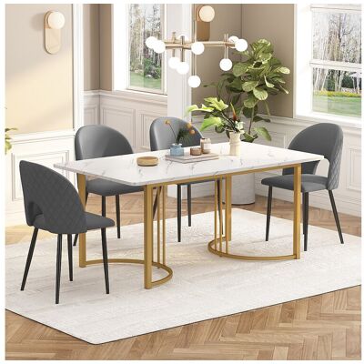 Merax Eetkamerset, tafel 140×80×75 cm met 4 stoelen met verstelbare poten, MDF+metaal+fluweel, goud+wit+grijs - Grijs Merax Eetkamerset, tafel 140×80×75 cm met 4 stoelen met verstelbare poten, MDF+metaal+fluweel, goud+wit+grijs - Grijs