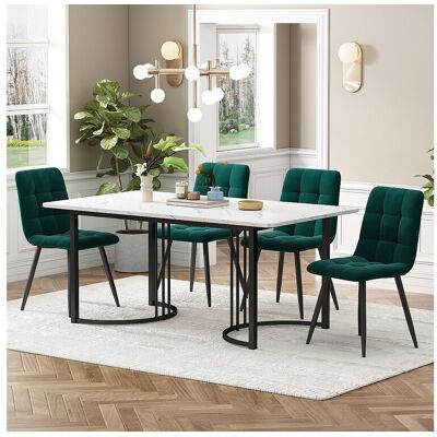 Merax Eetkamerset, tafel 140×80×75 cm met 4 stoelen, MDF+metaal+fluweel, zwart+wit+donkergroen - Wit Merax Eetkamerset, tafel 140×80×75 cm met 4 stoelen, MDF+metaal+fluweel, zwart+wit+donkergroen - Wit
