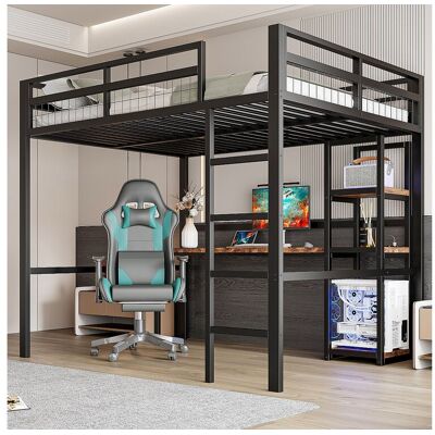 Merax Kinderhoogslaper - 140 x 200 cm - met opbergplanken + bureau met stopcontact + USB-aansluiting - Metaal + MDF - zwart - Zwart Merax Kinderhoogslaper - 140 x 200 cm - met opbergplanken + bureau met stopcontact + USB-aansluiting - Metaal + MDF - zwart - Zwart
