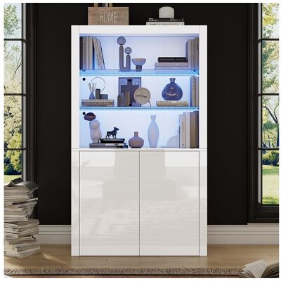 Merax Hoog salontafel - 100 x 35 x 170 cm - 2 deuren + LED's + gehard glazen blad - MDF + gehard glas - wit - Wit Merax Hoog salontafel - 100 x 35 x 170 cm - 2 deuren + LED's + gehard glazen blad - MDF + gehard glas - wit - Wit