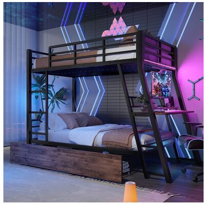 Merax Kinderstapelbed - 90 x 200 cm - ijzeren frame - met LED-verlichting + 2 lades + bureau - Metaal + MDF - zwart - Zwart Merax Kinderstapelbed - 90 x 200 cm - ijzeren frame - met LED-verlichting + 2 lades + bureau - Metaal + MDF - zwart - Zwart