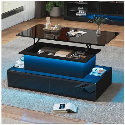 Merax Opklapbare salontafel - 90 x 55 x 41 cm - modern hoogglans met ledverlichting + 4 lades - spaanplaat - zwart - Zwart Merax Opklapbare salontafel - 90 x 55 x 41 cm - modern hoogglans met ledverlichting + 4 lades - spaanplaat - zwart - Zwart