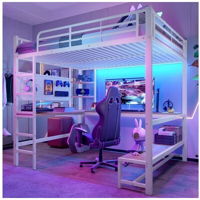 Merax Kinderhoogslaper - 140 x 200 cm - ijzeren frame - met bureau + LED's + USB + Type-C - metaal + MDF - wit - Wit Merax Kinderhoogslaper - 140 x 200 cm - ijzeren frame - met bureau + LED's + USB + Type-C - metaal + MDF - wit - Wit