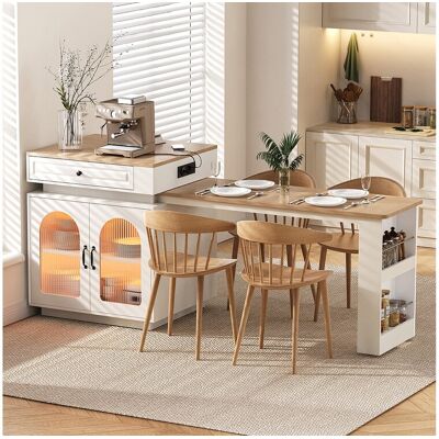Merax Keukeneiland op wielen - 128 x 71 x 92 cm - uitschuifbare eettafel met LED-verlichting + deuren + lade - MDF + glas - wit - Wit Merax Keukeneiland op wielen - 128 x 71 x 92 cm - uitschuifbare eettafel met LED-verlichting + deuren + lade - MDF + glas - wit - Wit