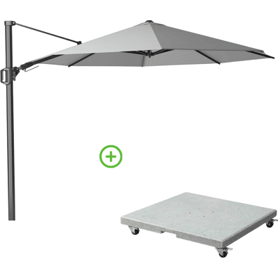 Platinum Challenger T² zweefparasol Ø350cm rond met Rocca parasolvoet 90kg Light Grey Platinum Challenger T² zweefparasol Ø350cm rond met Rocca parasolvoet 90kg Light Grey