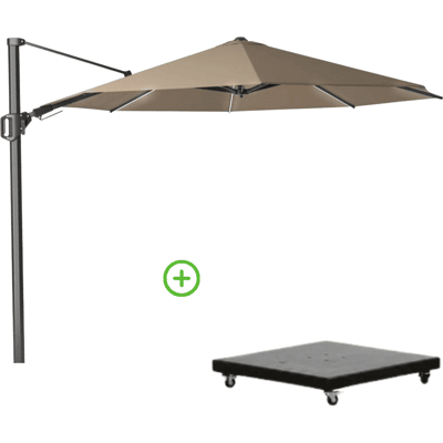Platinum Challenger T² zweefparasol Ø350cm rond met Monza parasolvoet 90kg taupe Platinum Challenger T² zweefparasol Ø350cm rond met Monza parasolvoet 90kg taupe