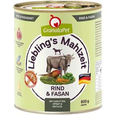 6x800g GranataPet Lievelingsmaaltijd Rund & Fazant met Wortelen, Spinazie & Saffloerolie Hondenvoer 6x800g GranataPet Lievelingsmaaltijd Rund & Fazant met Wortelen, Spinazie & Saffloerolie Hondenvoer