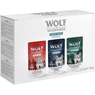 12x125g "Triple Taste" Mixpakket (3 Smaken) Wolf of Wilderness Hondenvoer 12x125g "Triple Taste" Mixpakket (3 Smaken) Wolf of Wilderness Hondenvoer