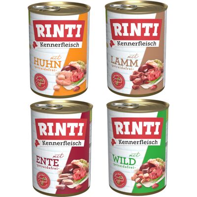 Voordeelverpakking RINTI Kennerfleisch 24 x 400 g - Mix lam, kip, eend, wild Voordeelverpakking RINTI Kennerfleisch 24 x 400 g - Mix lam, kip, eend, wild