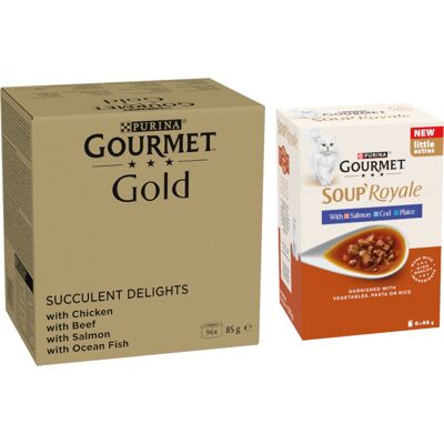 96 x 85 g Gouremt Gold natvoer voor katten + 48 x 45 g Gourmet Soup Zalm, Schol, kabeljauw gratis! - Sappige, fijne reepjes 96 x 85 g Gouremt Gold natvoer voor katten + 48 x 45 g Gourmet Soup Zalm, Schol, kabeljauw gratis! - Sappige, fijne reepjes
