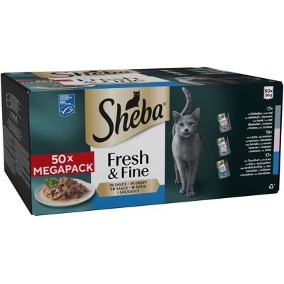 Multipack Sheba Fresh Fijne vershoudzakjes 50 x 50 g - met kabeljauw, zalm & tonijn in saus Multipack Sheba Fresh Fijne vershoudzakjes 50 x 50 g - met kabeljauw, zalm & tonijn in saus