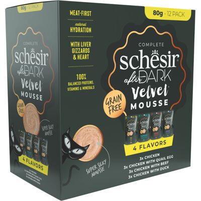 12x 80g Schesir After Dark Velvet Mousse mix pack (4 soorten) nat kattenvoer 12x 80g Schesir After Dark Velvet Mousse mix pack (4 soorten) nat kattenvoer