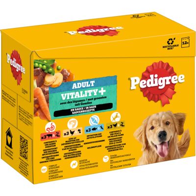 48x85g Pedigree Adult vers zakjes voor honden Vitality+ 4 soorten in Saus nat hondenvoer 48x85g Pedigree Adult vers zakjes voor honden Vitality+ 4 soorten in Saus nat hondenvoer