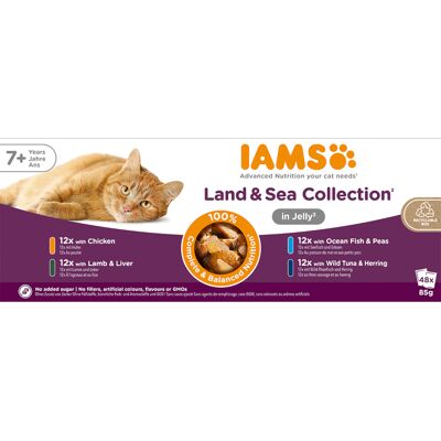 48 x 85g IAMS Advanced Nutrition Senior 7+ Land & Zee Collectie in gelei nat kattenvoer 48 x 85g IAMS Advanced Nutrition Senior 7+ Land & Zee Collectie in gelei nat kattenvoer