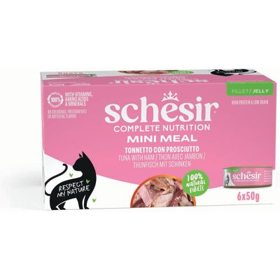 Voordeelverpakking 24x50g Schesir Complete Nutrition in gelei Tonijn met ham nat kattenvoer Voordeelverpakking 24x50g Schesir Complete Nutrition in gelei Tonijn met ham nat kattenvoer
