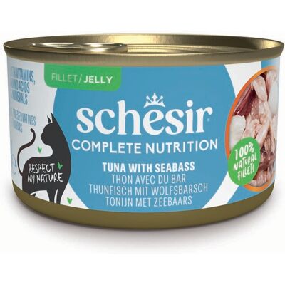 Voordeelpakket: 24x85g Schesir Complete Nutrition filet in gelei tonijn met zeebaars natvoer voor katten Voordeelpakket: 24x85g Schesir Complete Nutrition filet in gelei tonijn met zeebaars natvoer voor katten