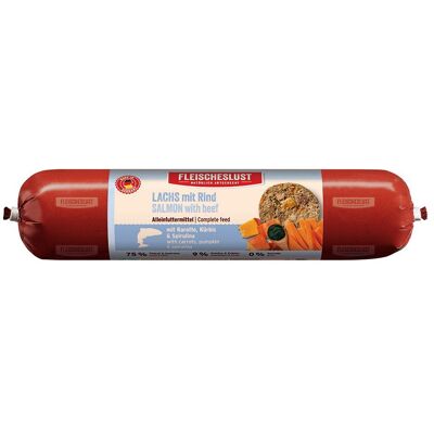 Fleischeslust Classic 6 x 800 g - Zalm met rundvlees, wortel, pompoen en spirulina Fleischeslust Classic 6 x 800 g - Zalm met rundvlees, wortel, pompoen en spirulina