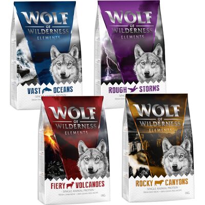 4x1kg "Elements" probeerpakket Rocky Canons, Vast Oceans, Fiery Volcano en Rough Storms Wolf of Wilderness Hondenvoer 4x1kg "Elements" probeerpakket Rocky Canons, Vast Oceans, Fiery Volcano en Rough Storms Wolf of Wilderness Hondenvoer