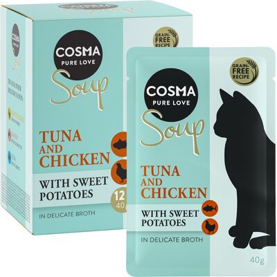 48x40g Soup Tonijn en Kip met Zoete Aardappel Cosma Kattenvoer 48x40g Soup Tonijn en Kip met Zoete Aardappel Cosma Kattenvoer
