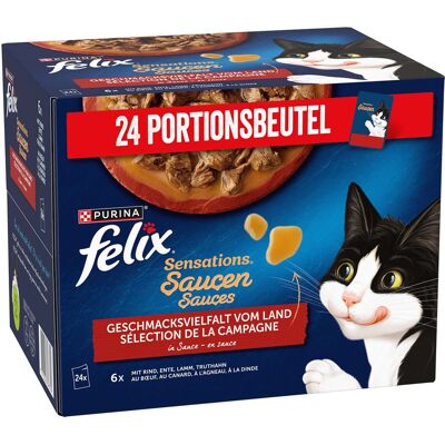 3 + 1 gratis! Felix natvoer voor katten - Sensations Maaltijdzakjes Smaakvariaties van het land in saus 96 x 85 g 3 + 1 gratis! Felix natvoer voor katten - Sensations Maaltijdzakjes Smaakvariaties van het land in saus 96 x 85 g