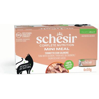 Voordeelverpakking 24x50g Schesir Complete Nutrition in gelei tonijn met zalm nat kattenvoer Voordeelverpakking 24x50g Schesir Complete Nutrition in gelei tonijn met zalm nat kattenvoer