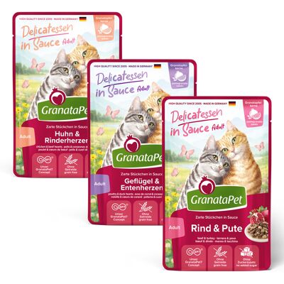 12x 100g GranataPet Delicatessen in Saus Gevogelte Mix (3 varianten) Natvoer voor katten 12x 100g GranataPet Delicatessen in Saus Gevogelte Mix (3 varianten) Natvoer voor katten