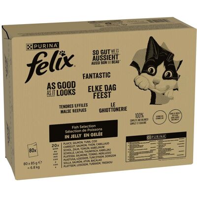 80 x 85 g Vis Mix: Tonijn, Zalm, Kabeljauw, Koolvis Felix Kattenvoer 80 x 85 g Vis Mix: Tonijn, Zalm, Kabeljauw, Koolvis Felix Kattenvoer