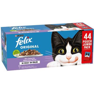 44x 85g Felix Original Mix in gelei (zalm, tonijn, rund, kip) natvoer voor katten 44x 85g Felix Original Mix in gelei (zalm, tonijn, rund, kip) natvoer voor katten