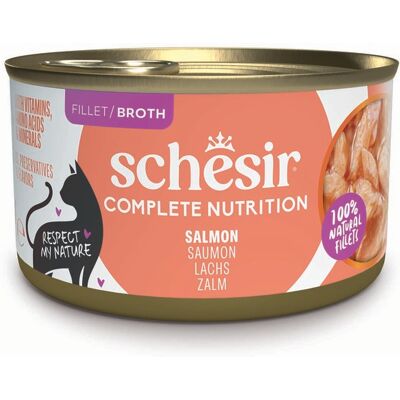 Voordeelpakket: 24x85g Schesir Complete Nutrition Filet in bouillon zalm natvoer voor katten Voordeelpakket: 24x85g Schesir Complete Nutrition Filet in bouillon zalm natvoer voor katten