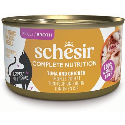 Voordeelpakket: 24x85g Schesir Complete Nutrition Filet in bouillon tonijn met kip nat kattenvoer Voordeelpakket: 24x85g Schesir Complete Nutrition Filet in bouillon tonijn met kip nat kattenvoer