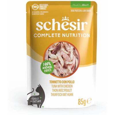 Voordeelpakket: 24x85g Schesir Complete Nutrition filet in gelei tonijn met kip natvoer voor katten Voordeelpakket: 24x85g Schesir Complete Nutrition filet in gelei tonijn met kip natvoer voor katten