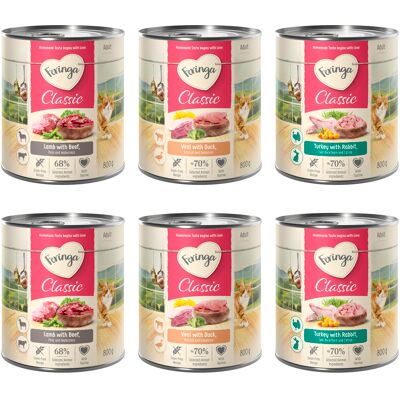 Probeermix Feringa Classic Meat 6 x 800 g Kattenvoer Mixpaket 2: Konijn & Kalkoen, Lam & Rund, Eend & Kalf Probeermix Feringa Classic Meat 6 x 800 g Kattenvoer Mixpaket 2: Konijn & Kalkoen, Lam & Rund, Eend & Kalf