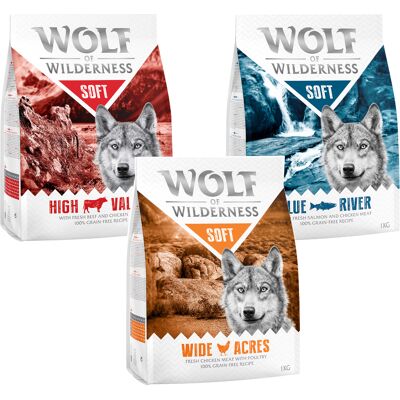 3x1kg "Soft & Strong" Probeerpakket: Kip, Rund, Zalm Wolf of Wilderness Hondenvoer 3x1kg "Soft & Strong" Probeerpakket: Kip, Rund, Zalm Wolf of Wilderness Hondenvoer