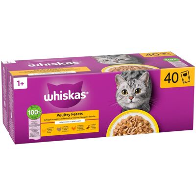 40x85g Whiskas 1+ Adult Vershoudzakjes Gevogelte in Gelei (4 soorten) nat kattenvoer 40x85g Whiskas 1+ Adult Vershoudzakjes Gevogelte in Gelei (4 soorten) nat kattenvoer